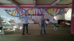 Natasha and Andy under a balloon model of DNA at ASMbly 2014.